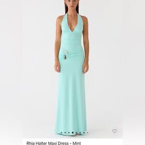 Aqua Halter Maxi Dress with stone accents at waste line with beautiful tie back